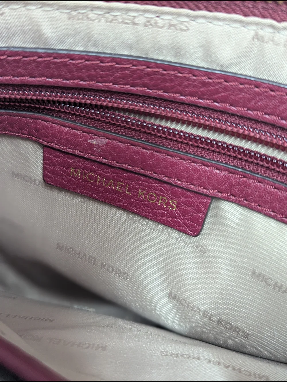 Michael Kors Burgundy Pebbled Leather Crossbody Double Zip Wristlet Clutch Gold